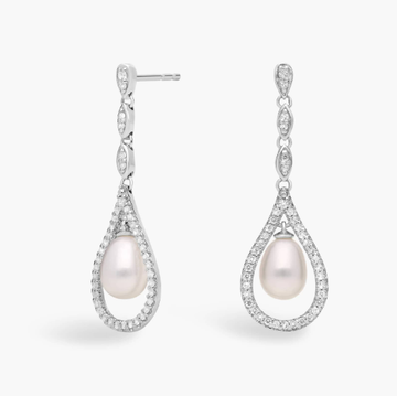 Vintage-Inspired Freshwater Cultured Pearl and White Topaz Drop Earrings in Sterling Silver (6-7mm)