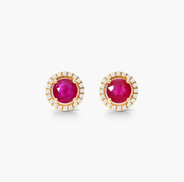 Round Ruby And Diamond Halo Stud Earrings In 14K Yellow Gold