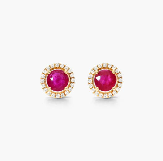 Round Ruby And Diamond Halo Stud Earrings In 14K Yellow Gold