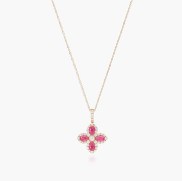 14K Yellow Gold Lily Motif Ruby and Diamond Necklace