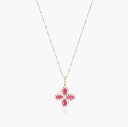 14K Yellow Gold Lily Motif Ruby and Diamond Necklace