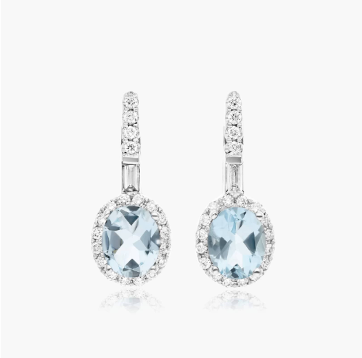 Petite Aquamarine And Diamond Halo Drop Earrings In 14K White Gold