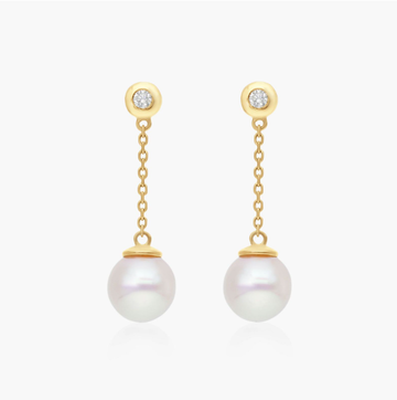 14K Yellow Gold Cultured Akoya Pearl And Bezel Set Diamond Drop Earrings