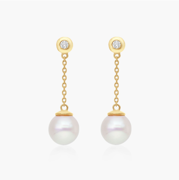 14K Yellow Gold Cultured Akoya Pearl And Bezel Set Diamond Drop Earrings