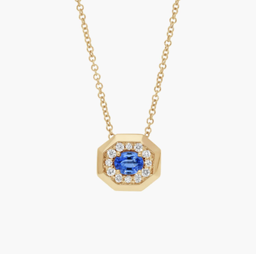 Oval Cut Blue Sapphire and Pavé Diamond Pendant Necklace In 14K Yellow Gold