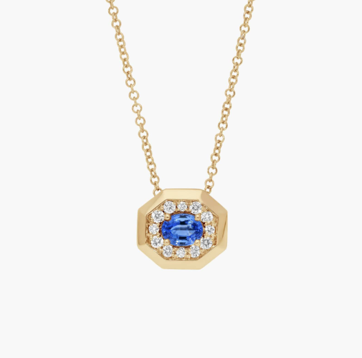 Oval Cut Blue Sapphire and Pavé Diamond Pendant Necklace In 14K Yellow Gold