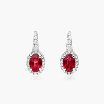 Petite Oval Cut Ruby And Diamond Halo Drop Earrings In 18K White Gold