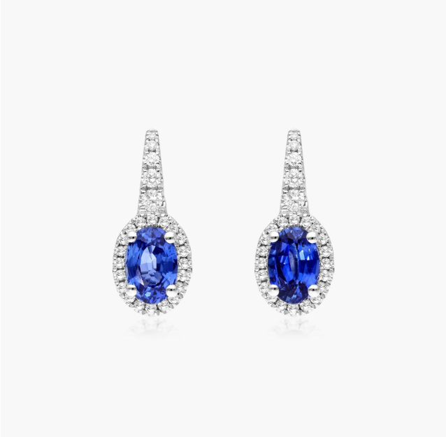Petite Oval Cut Sapphire And Diamond Halo Drop Earrings In 18K White Gold