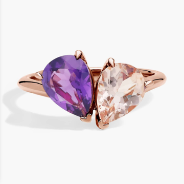 Pear Amethyst and Morganite Two Stone Toi Et Moi Ring in 14 Rose Gold