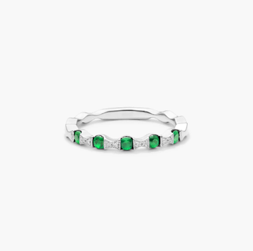 Vintage Bow Tie Shaped Stations Alternating Tsavorite And Diamond Ring In 14K White Gold