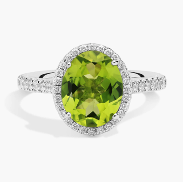 Peridot and Diamond Halo Ring in 18k White Gold (10x8mm)