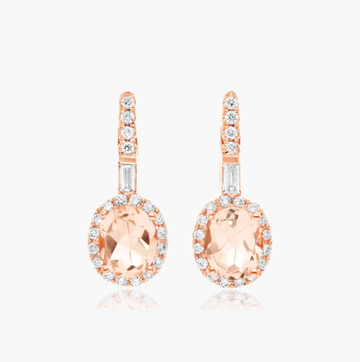 Petite Morganite And Diamond Halo Drop Earrings In 14K Rose Gold