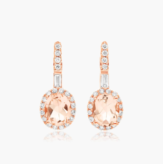 Petite Morganite And Diamond Halo Drop Earrings In 14K Rose Gold