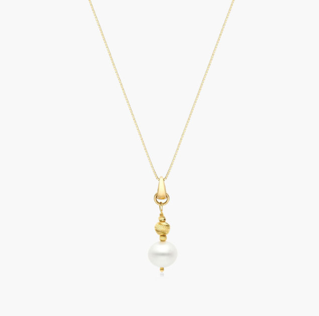 14K Yellow Gold Freshwater Cultured Pearl and Textured Brilliance Bead Drop Pendant (7.5-8.0mm)