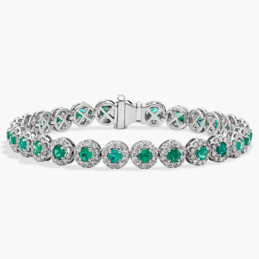 Emerald and Diamond Halo Bracelet in 14k White Gold