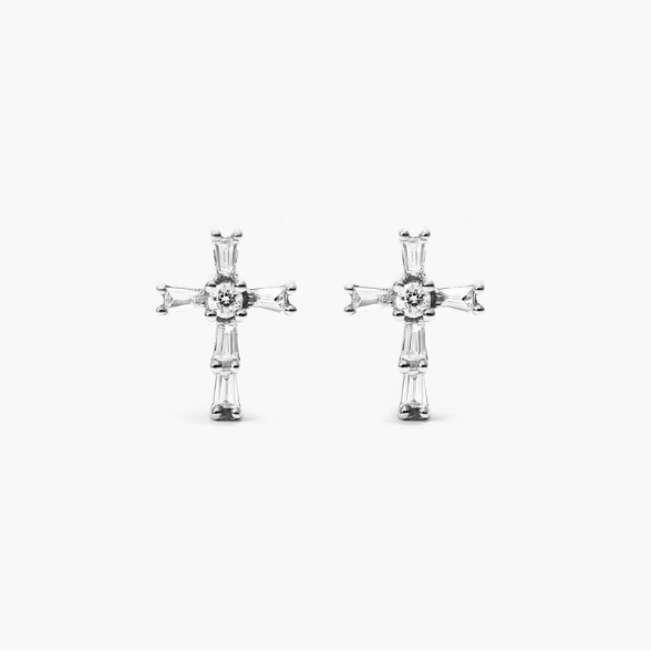 Moderne Cross Diamond Stud Earrings In 14K White Gold