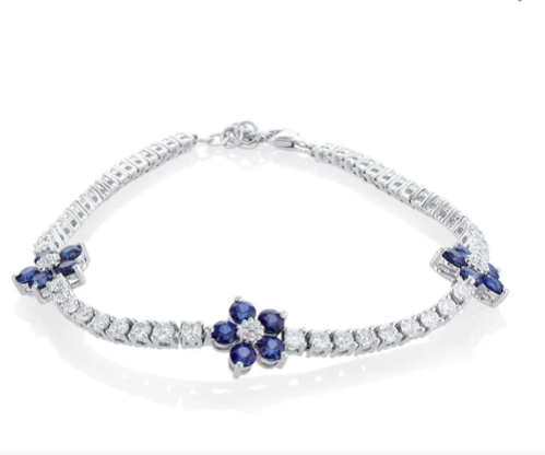 2.00 Carat Sapphire and 2.50 Carat Round Diamond Floral Bracelet set in 18K White Gold