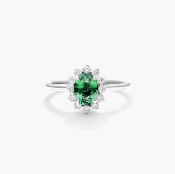 Oval Halo Emerald And Diamond Ring In 18K White Gold