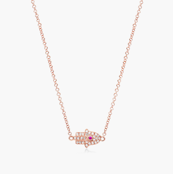 Hamsa Ruby And Diamond Necklace In 14K Rose Gold