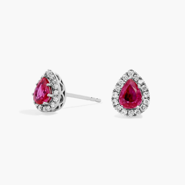 Pear-Shaped Ruby Stud Earrings with Diamond Halo in 14k White Gold (5x4mm)