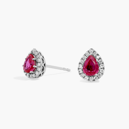 Pear-Shaped Ruby Stud Earrings with Diamond Halo in 14k White Gold (5x4mm)