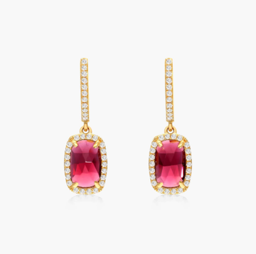 Elongated Cushion Cut Garnet And Diamond Halo Drop Earrings In 14K Yellow Gold