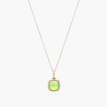 14k Yellow Gold Cushion Halo Peridot and Diamond Necklace (7.0x7.0mm)