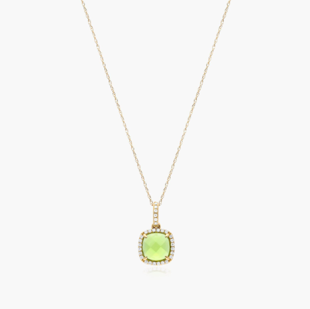 14k Yellow Gold Cushion Halo Peridot and Diamond Necklace (7.0x7.0mm)