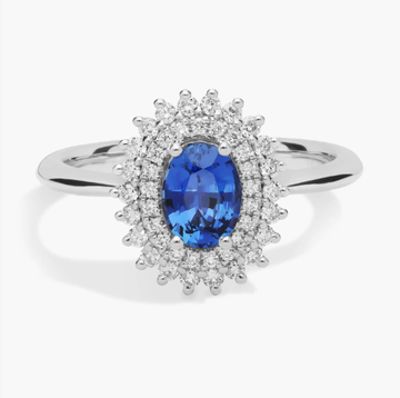 Oval Sapphire Ring with Double Sunburst Diamond Halo in 14k White Gold (7x5mm)