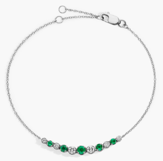 Emerald and Diamond Graduated Curve Bracelet in 14k White Gold