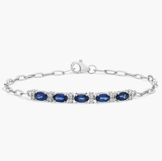 Diamond and Sapphire Paperclip Bracelet in 14K White Gold