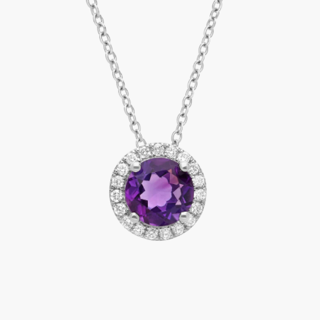 Amethyst and Diamond Halo Pendant in 14k White Gold (7mm)