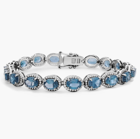 London Blue Topaz and White Topaz Halo Bracelet in Sterling Silver (7x5mm)