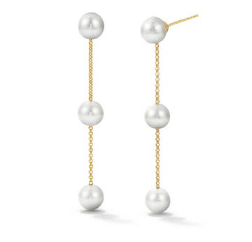 Triple Pearl Drop Chain Earrings 14K