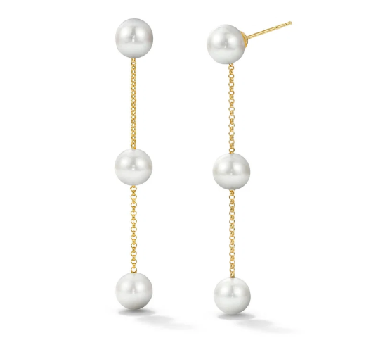 Triple Pearl Drop Chain Earrings 14K