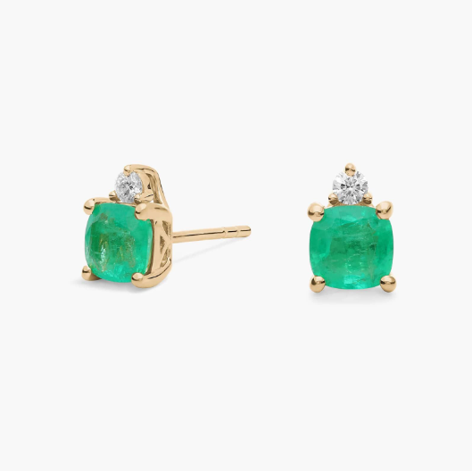 Cushion Cut Emerald and Diamond Earrings in 14k Yellow Gold (5mm)