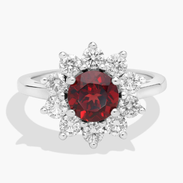 Round Garnet and Diamond Halo Ring in 14k White Gold
