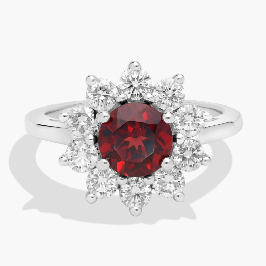 Round Garnet and Diamond Halo Ring in 14k White Gold