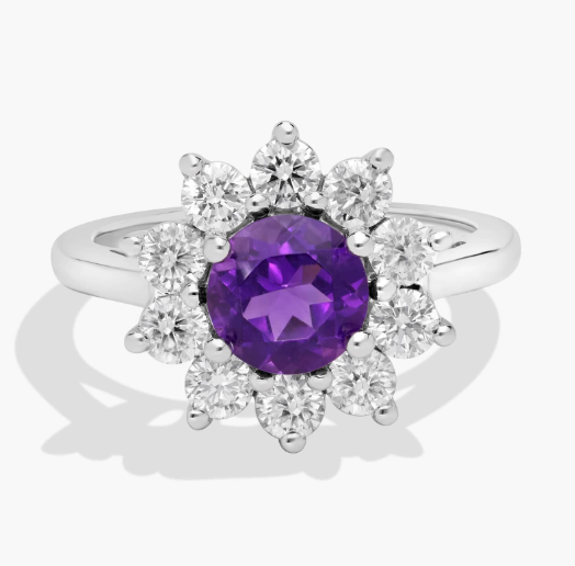 Round Amethyst and Diamond Halo Ring in 14k White Gold