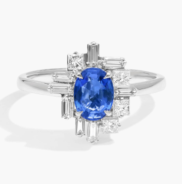 Baguette Cut Blue Sapphire And Diamond Cluster Ring In 14K White Gold