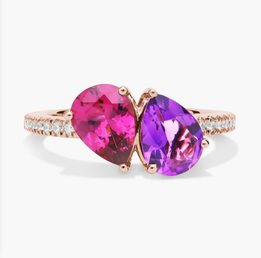 Rhodolite and Amethyst Two Stone Toi Et Moi Ring with Diamond Halo in 14k Rose Gold