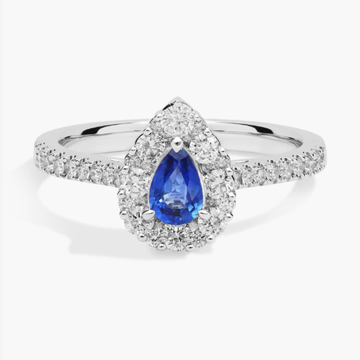 Pear Sapphire Ring with Diamond Halo in 14k White Gold (6x4mm)