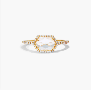 White Topaz Hexagon And Diamond Halo Ring In 14K Yellow Gold