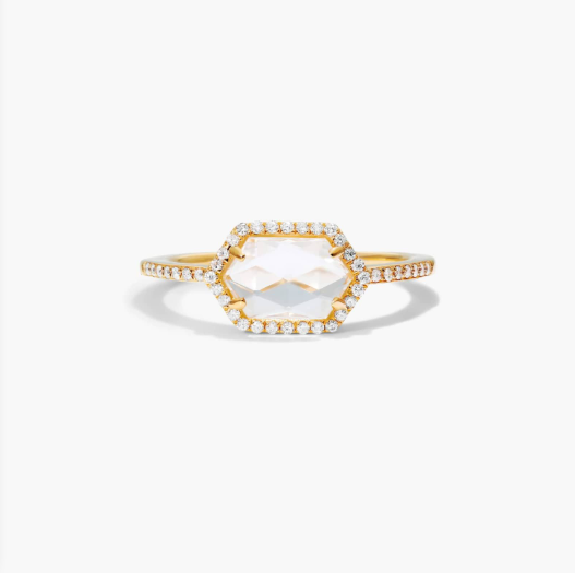 White Topaz Hexagon And Diamond Halo Ring In 14K Yellow Gold