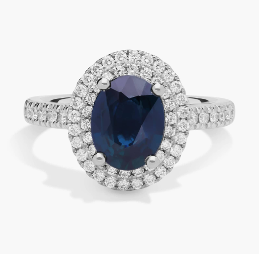 Oval Sapphire and Diamond Double Halo Micropavé Ring in 18k White Gold (9x7mm)