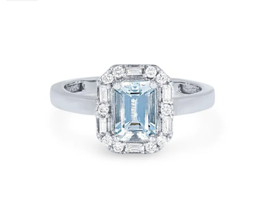 Aquamarine and Mixed Diamond Halo Ring 14K