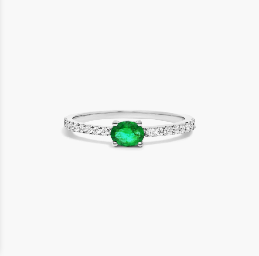 Diamond And Emerald Ring In 14K White Gold
