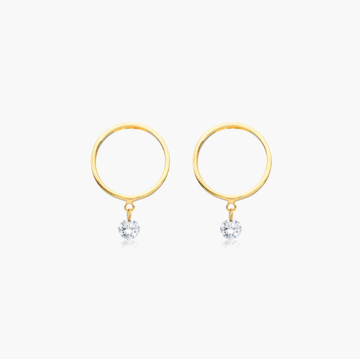 Open Circle Single Diamond Earrings In 14K Yellow Gold
