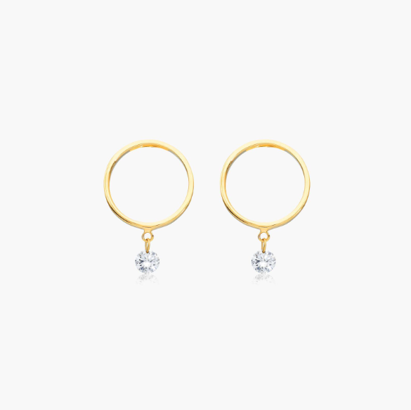 Open Circle Single Diamond Earrings In 14K Yellow Gold
