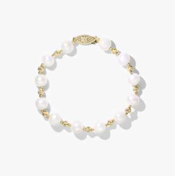 Freshwater Cultured Pearl and Textured Bead Bracelet In 14K Yellow Gold